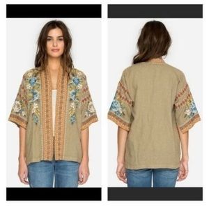 Johnny Was Hira Green Embroidered Boho Linen Open Cardigan Medium Kimono